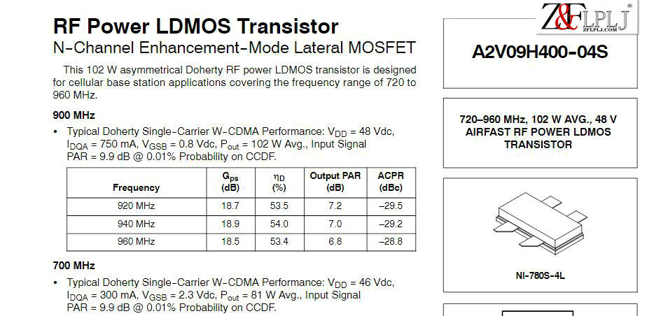 A2V09H400-04S A2V09H400-04SR6 / 720–960MHz,102W AVG,48VAIRFAST RF POWER LDMOS TRANSISTOR 1PCS/LOT