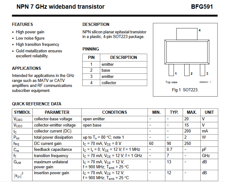 BFG591 / SOT223 NPN 7 GHz wideband transistor (Used/not new) 50PCS/LOT