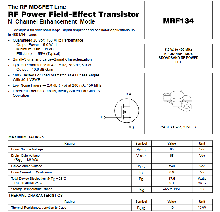 MRF134 / 5.0 W, to 400 MHzN–CHANNEL MOSBROADBAND RF POWERFET New Original 1PCS/LOT