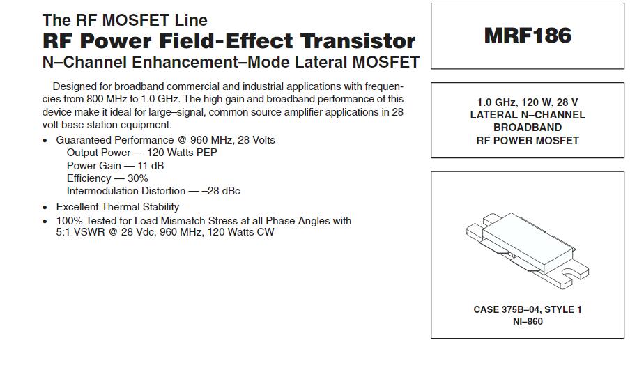 MRF186 / 1.0 GHz,120W,28VLATERAL N–CHANNELBROADBANDRF POWER MOSFET Used,not new 1PCS/LOT