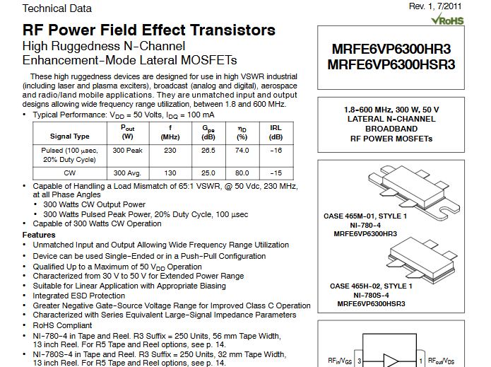MRFE6VP6300HS MRFE6VP6300HSR3, MRFE6VP6300H MRFE6VP6300HR5 / 1.8-600 MHz 300W 50V RF transistor New Original 1pcs/Lot