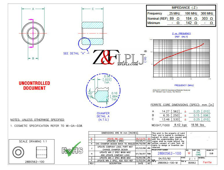 FERRITE CORE 28B0562-100 / 184 OHM,ID-6.35MM Size: 14.27*6.35*13.46mm  New Original 20pcs/lot