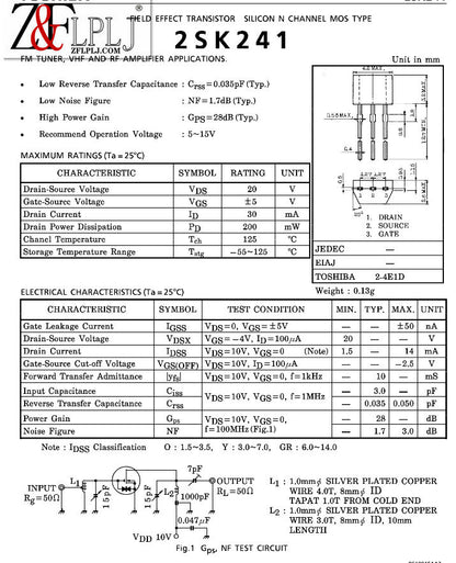 Field Effect Transistor Silicon N Channel MOS Type 2SK241 K241 / 2SK241-GR  K241-GR / 2SK241-Y K241-Y  New Original 20PCS/LOT