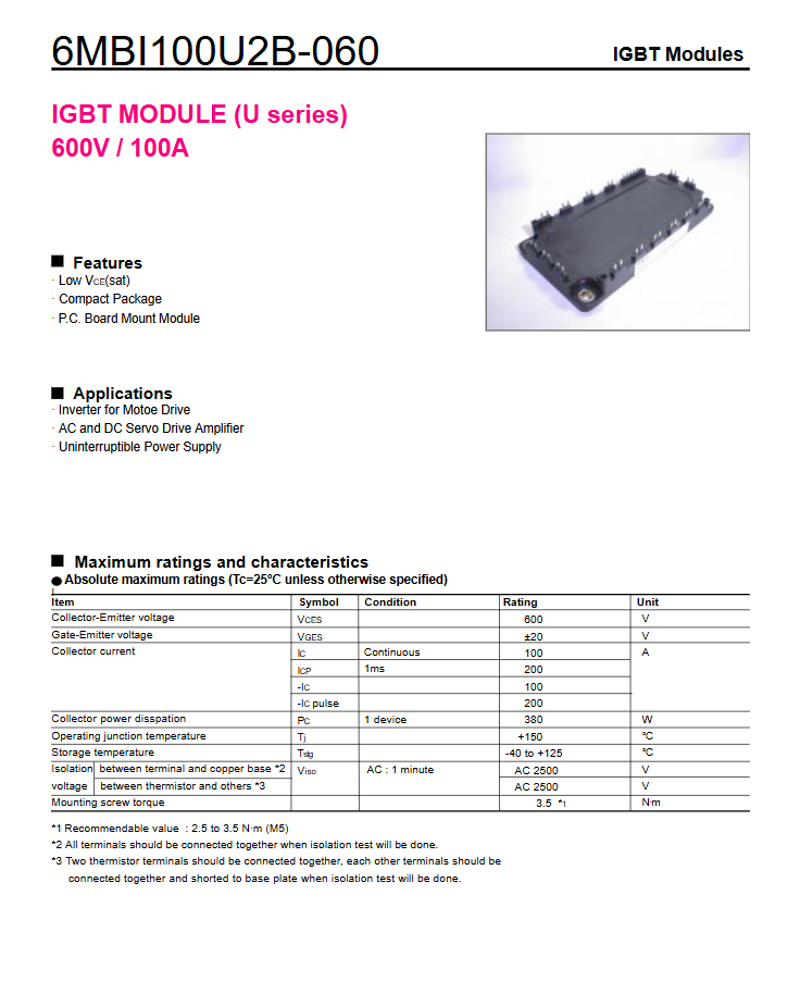 6MBI100U2B-060-50 ,  600V / 100A  IGBT MODULE   Used/Not new, 1pcs/lot