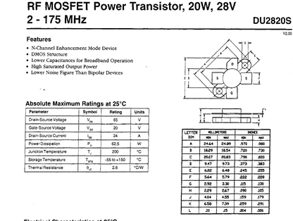 DU2820S / RF MOSFET Power Transistor, 20W, 28V 2 - 175 MHz  Used/not new 1PCS/LOT