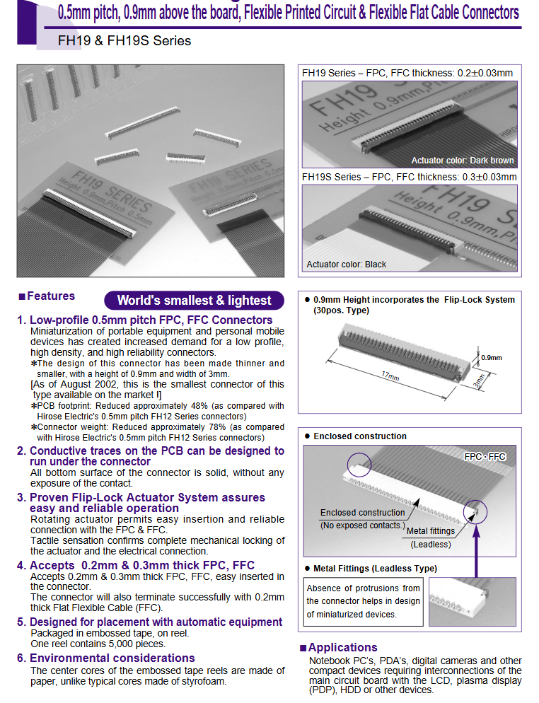 FH19-40S-0.5SH /0.5mm pitch, 0.9mm above the board, Flexible Printed Circuit & Flexible Flat Cable Connectors NEW ORIGINAL 50PCS/LOT