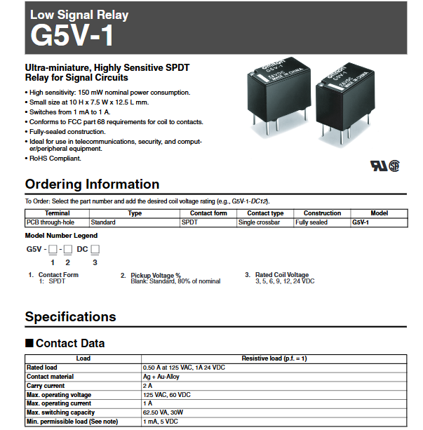 Relay G5V-1-5VDC / G5V-1-12VDC / G5V-1-24VDC  / G5V-1 9VDC 3VDC Low Signal Relay  New Original  10pcs/lot