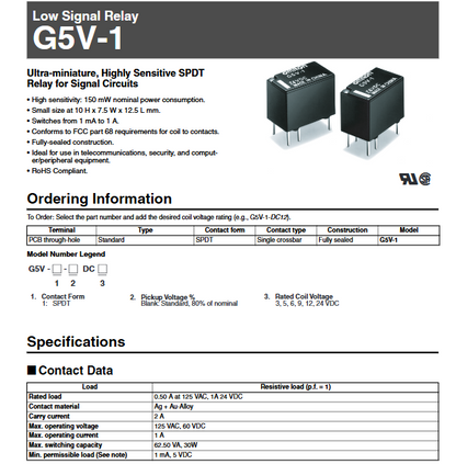 Relay G5V-1-5VDC / G5V-1-12VDC / G5V-1-24VDC  / G5V-1 9VDC 3VDC Low Signal Relay  New Original  10pcs/lot