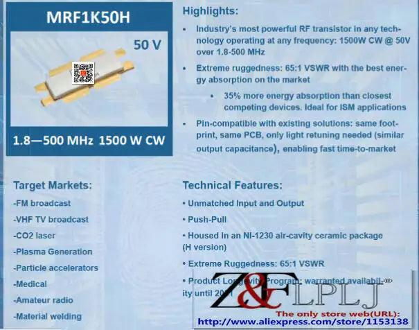 MRF1K50H MRF1K50HR5 MRF1K50 /1.8-500 MHz 1500 W CW 50V RF Power Transistor  New Original 1PCS/LOT