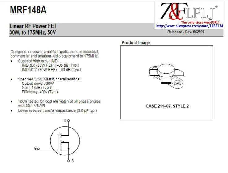 MRF148A MRF 148A Linear RF Power FET 30W, to 175MHz, 50V Sold by piece= 1PCS/LOT