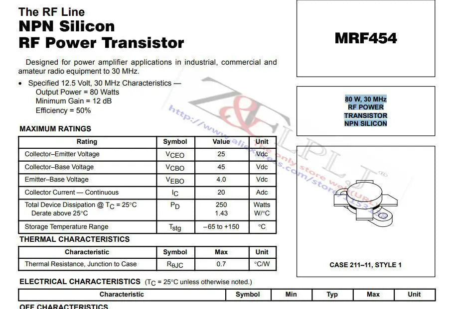 MRF454 MRF 454,  80W 30MHz NPN SILI RF POWER TRANSISTOR 1PCS/LOT