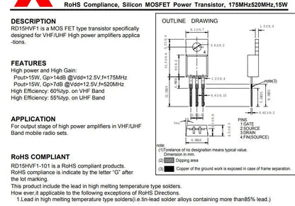 RD15HVF1 RD15HVF1-101 RD15 HVF1 175MHz520MHz,15W Silicon MOSFET Power Transistor NEW ORIGINAL 10PCS/LOT