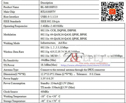 BL-M8188FU3 WIFI wireless module / RTL8188FTV wireless module with IPEX seat ,wifi module IPC camera New Original 10pcs/lot