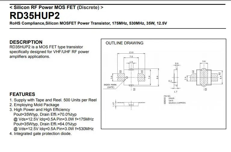 RD35HUP2 RD35HUP2-T5105 RD35 HUP2 Silicon MOSFET Power Transistor,175MHz, 530MHz,35W,12.5V NEW ORIGINAL 1PCS/lot or 10PCS/Lot