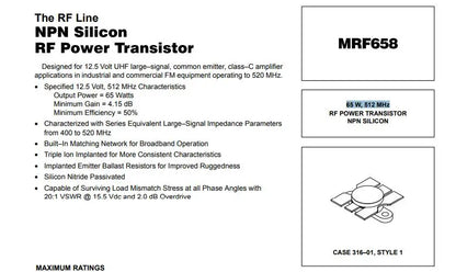 MRF658 MRF 658 65 W, 512MHZ RF POWER TRANSISTOR NPN SILICON