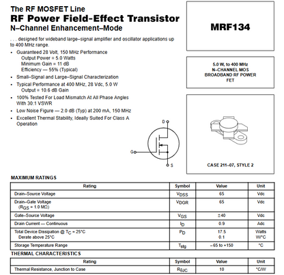 MRF134 / 5.0 W, to 400 MHzN–CHANNEL MOSBROADBAND RF POWERFET New Original  1PCS/LOT