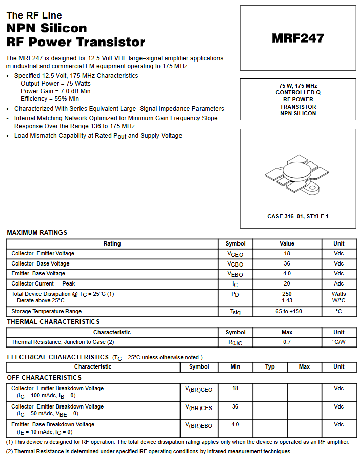 MRF247 / 75 W, 175 MHzCONTROLLED QRF POWERTRANSISTOR  (With tin) Sold by piece=1PCS/Lot