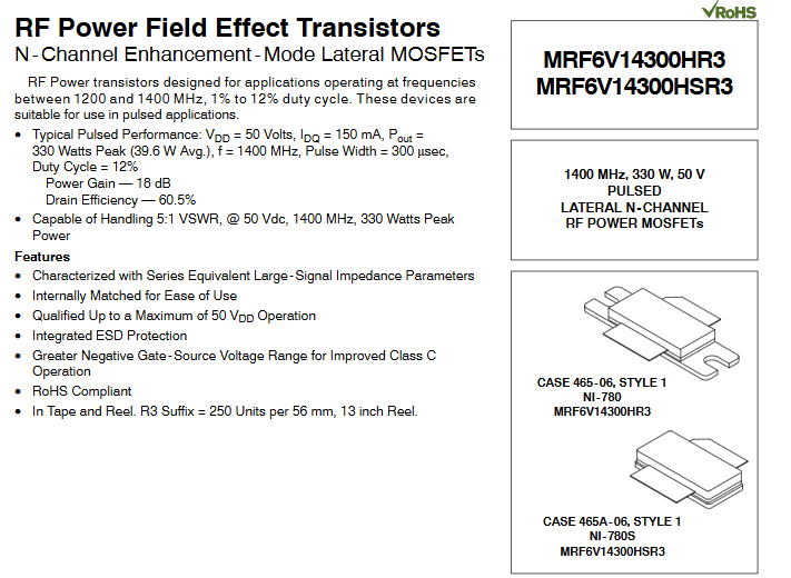 MRF6V14300HS MRF6V14300HSR3 MRF6V14300HSR5  /1400 MHz, 330 W, 50 V RF Power Field Effect Transistors New Original 1pcs/lot