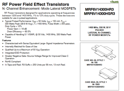MRF6V14300HS MRF6V14300HSR3 MRF6V14300HSR5  /1400 MHz, 330 W, 50 V RF Power Field Effect Transistors New Original 1pcs/lot