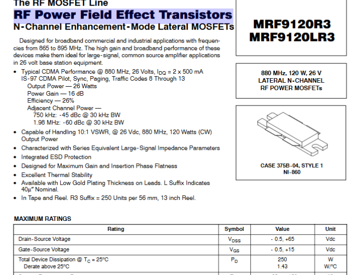 MRF9120, MRF9120L / 880MHz,120W,26V RF Power Field Effect TransistorsN - Channel Enhancement - Mode Lateral MOSFETs Used,1pcs/lot