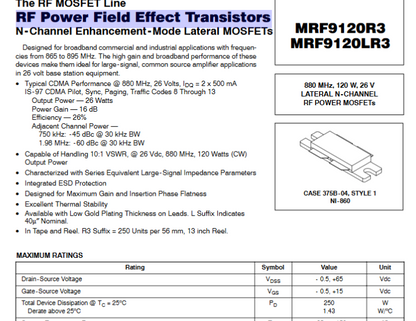 MRF9120, MRF9120L / 880MHz,120W,26V RF Power Field Effect TransistorsN - Channel Enhancement - Mode Lateral MOSFETs Used,1pcs/lot