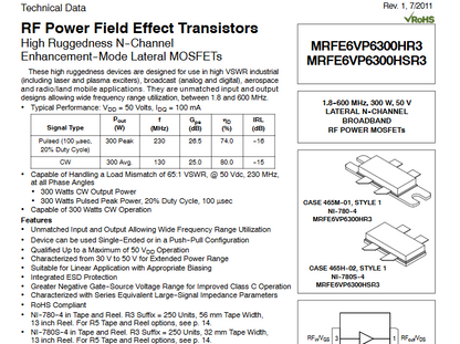 MRFE6VP6300HS MRFE6VP6300HSR3, MRFE6VP6300H MRFE6VP6300HR5  / 1.8-600 MHz 300W 50V RF transistor New Original 1pcs/Lot