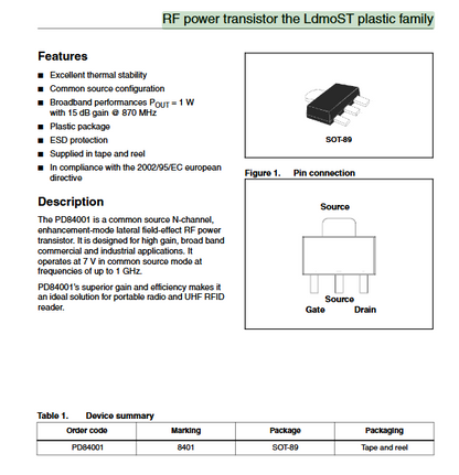 PD84001 SOT-89 Marking:8401 / RF power transistor the LdmoST plastic family New Original 1pcs/lot
