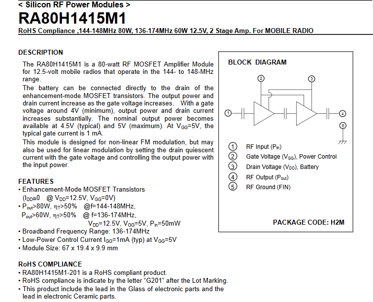 RA80H1415M1 RA80H1415M1-G501/  44-148MHz 80W, 136-174MHz 60W 12.5V, 2 Stage Amp. NEW ORIGINAL 1PCS/LOT