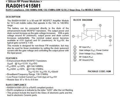 RA80H1415M1 RA80H1415M1-G501/  44-148MHz 80W, 136-174MHz 60W 12.5V, 2 Stage Amp. NEW ORIGINAL 1PCS/LOT