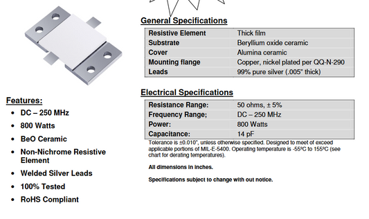 RFP-800-50R-S   / 800 Watts  DC-250 MHz , 50 ohms  ± 5% / RFP800-50 Flanged Resistor 2-PINS/Gold,  1pcs/lot