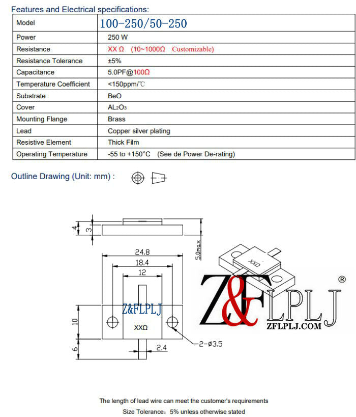 RF flange resistor: RFT100-250 RFT50-250 (250 watts 100/50 ohms) RFG100-500, RFG50-50(500watts 100 ohms/50 ohm) Double leads 1PCS