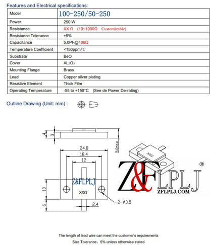 RF flange resistor: RFT100-250 RFT50-250 (250 watts 100/50 ohms) RFG100-500, RFG50-50(500watts 100 ohms/50 ohm) Double leads 1PCS