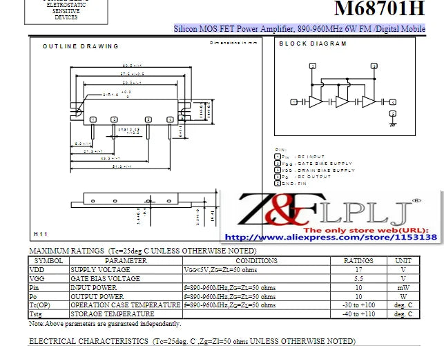 M68701H  Silicon MOS FET Power Amplifier, 890-960MHz 6W FM /Digital Mobile  New Original  1PCS/LOT