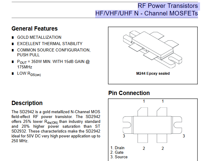 RF Power TransistorsHF/VHF/UHF N - Channel MOSFETs SD2942 (Used/not new)  1PCS/LOT