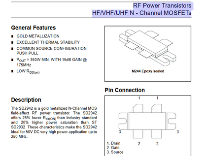 RF Power TransistorsHF/VHF/UHF N - Channel MOSFETs SD2942 (Used/not new)  1PCS/LOT